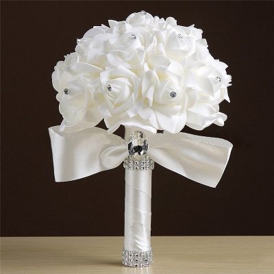 Weiße Seide Rose Crystal Beading Bouquet in bunten Griffen_2