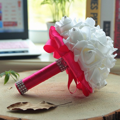 Bouquet de mariée en soie blanche avec poignées colorées_5