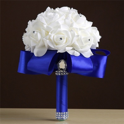 Weiße Seide Rose Crystal Beading Bouquet in bunten Griffen