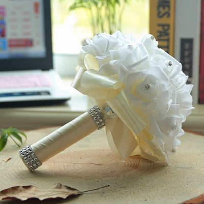 White Silk Wedding Bouquet with Colorful Handles_2