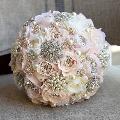 Beading de cristal brilhante Bouquet de noiva de seda rosa em branco e rosa_6