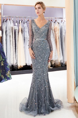 MAVIS | Mermaid Long Sleeves V-neck Sequins Evening Gowns with Sash_1