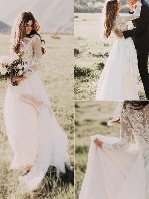 Длинные рукава длиной до пола Applique Tulle A-Line Scoop Свадебные платья_1
