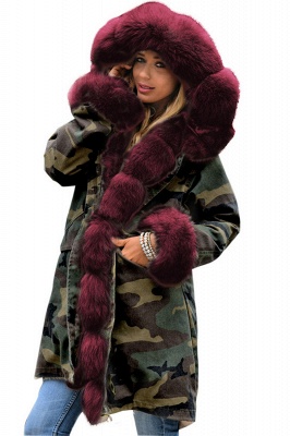 Beautiful Warm Winter Hooded Outwear Faux Fur Camouflage Long Sleeves_1