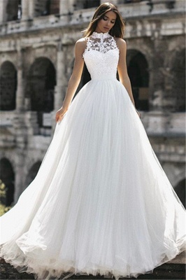 Elegant High Neck Sleeveless Appliques A-Line Floor-Length Wedding Dresses_4