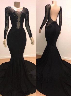 Unique Scoop Long Sleeves Backless Appliques Tulle Mermaid Prom Dresses ...