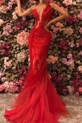 Chic One Shoulder Appliques Tulle Beading Mermaid Floor-Length Prom Dresses_2