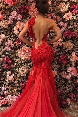 Chic One Shoulder Appliques Tulle Beading Mermaid Floor-Length Prom Dresses_1
