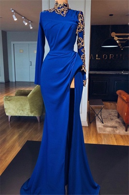 Vestidos de fiesta de sirena con abertura lateral y cuello alto de Royal Blue | Elegantes mangas largas apliques vestidos de noche_3