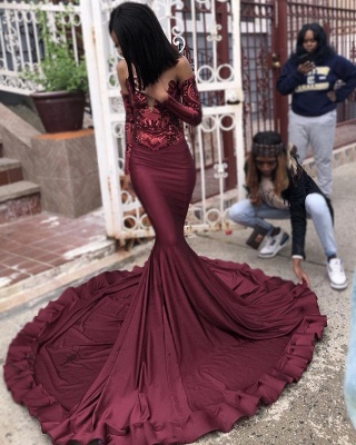 Sexy Burgundy Sequins Mermaid Prom Dresses | Long Sleeves Evening Dresses On Sale_5