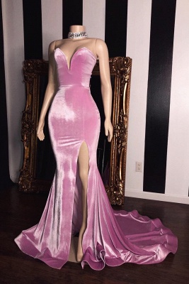 Розовые бархатные платья выпускного вечера Милая | Элегантные длинные вечерние платья Русалка с разрезом_1