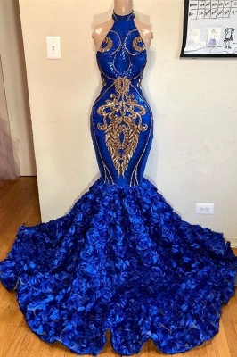 2021 Royal Blue Halter sirena vestidos de baile | Hermosas flores sin mangas largos vestidos de noche_1