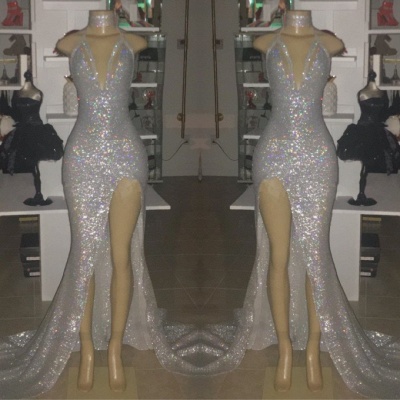 V-neck Sequins Mermaid Front Slit Floor Length Prom Dresses_3