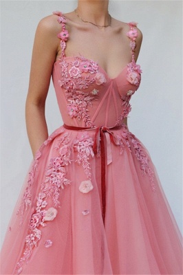Pink Gorgeous A-line Spaghetti Tulle Flower Applique Prom Dresses_2