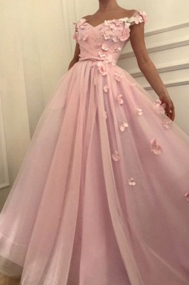 Rosa flores una línea de tul largo vestido de fiesta barato | Elegantes vestidos de noche fuera del hombro_1
