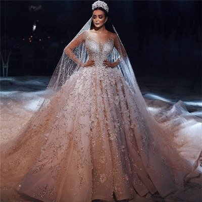 Vestidos de noiva Floral Beading de luxo | Sheer Neck mangas compridas vestidos de casamento vestido de baile_2