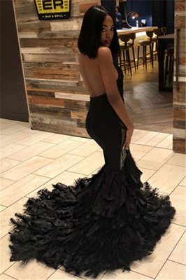 Elegant Black Mermaid Halter Sleeveless Open Back Applique Prom Dresses_2