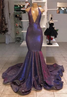 Sexy Deep V-Neck Sleeveless Prom Dresses | 2021 Halter Memaiad Sequins Evening Gowns_3