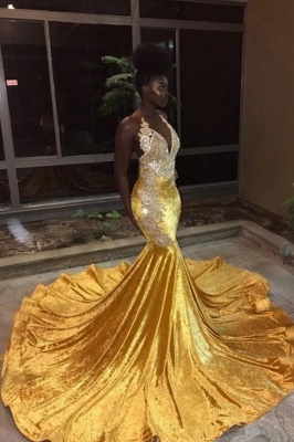 Elegant V-Neck Sleeveless Mermaid Appliques Yellow Prom Dress_2