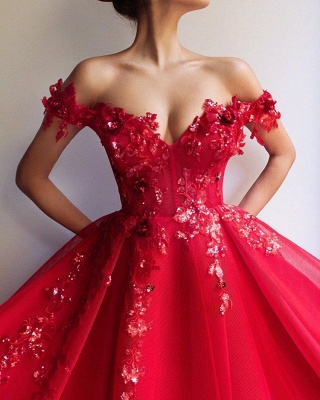 Glamorous Ball Gown Off The Shoulder Applique Flowers Evening Dresses_3