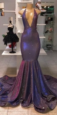 Sexy Deep V-Neck Sleeveless Prom Dresses | 2021 Halter Memaiad Sequins Evening Gowns_4