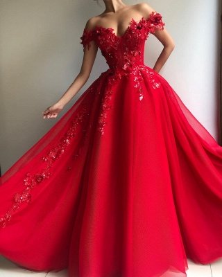 Glamorous Ball Gown Off The Shoulder Applique Flowers Evening Dresses_2