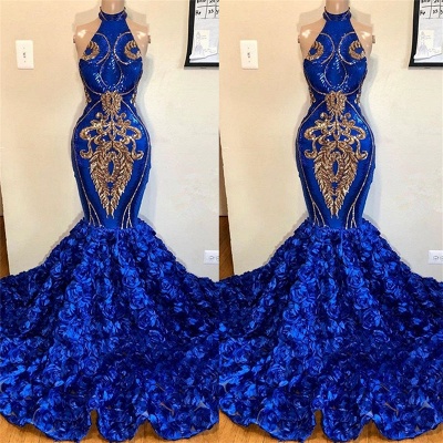 2021 Royal Blue Halter sirena vestidos de baile | Hermosas flores sin mangas largos vestidos de noche_2