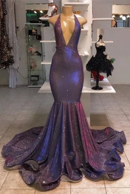 Sexy Deep V-Neck Sleeveless Prom Dresses | 2021 Halter Memaiad Sequins Evening Gowns_1
