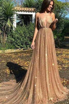 Glamorosos lentejuelas una línea de vestidos de fiesta largos | 2021 correas espaguetis vestido de noche con cuello en V_1