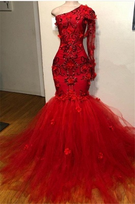 Elegante vestido rojo de un solo hombro con mangas largas y apliques de sirena_1