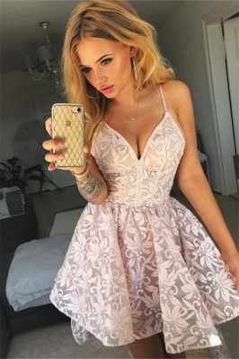 Fashion Pink Floral Homecoming Dresses  Spaghetti Straps Lace High Low Hoco Dresses_2