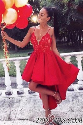 Spaghetti Straps Red High-low A-line Lace V-neck Homecoming Dress_2
