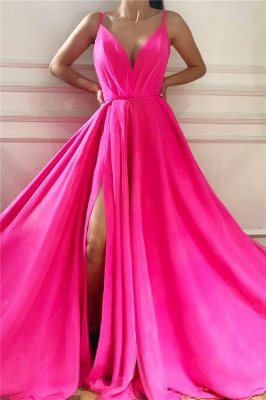 Sexy Spaghetti Straps Sleeveless Long Prom Dress | Affordable V Neck Front Slit Long Pink Prom Dress_1