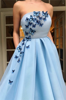Einfaches trägerloses ärmelloses blaues Tüll-Abschlussball-Kleid | Chic Rüschen langes Abendkleid mit Schmetterling_2