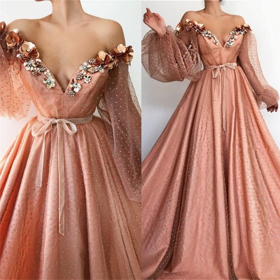 Sexy Off the Shoulder V Neck Long Prom Dress | Chich Tulle Beading Long Sleeves Prom Dress_3