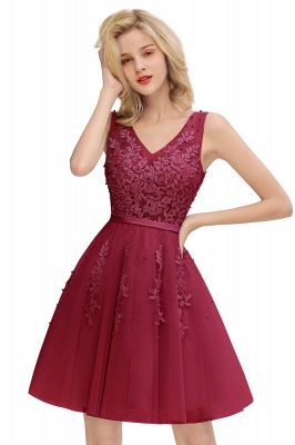 Sexy V-neck Lace-up Short Homecoming Dresses with Lace Appliques | Burgundy, Navy, Dusty pink Back to school Dress_3