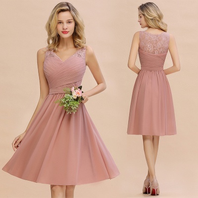 Lace V-neck Long Short Homecoming Dresses with Belt | Sexy Sleeveless V-back Pink Knee length Cocktail Dress_16