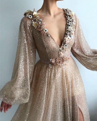 Paillettes scintillantes robe de bal manches longues | Robe de bal sexy fendue devant avec encolure en V_2