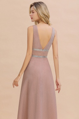 Sparkly Deep V-neck Long Evening Dresses with Shining Belt | Elegant Sleeveless V-back Pink Formal Dress_4