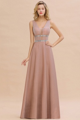 Sparkly Deep V-neck Long Evening Dresses with Shining Belt | Elegant Sleeveless V-back Pink Formal Dress_1