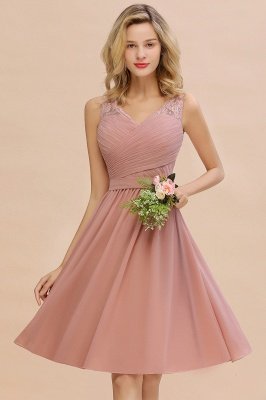 Lace V-neck Long Short Homecoming Dresses with Belt | Sexy Sleeveless V-back Pink Knee length Cocktail Dress_14