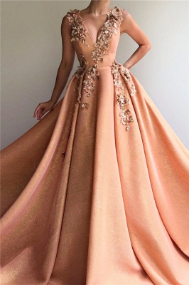 Sparkly Sequins V Neck Sleeveless Prom Dress | Chic Appliques Long Affordable Prom Dress_1