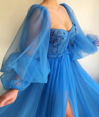 Sexy Long Sleeves Sweetheart See Through Bodice Prom Dress | Front Slit Blue Long Prom Dress_2