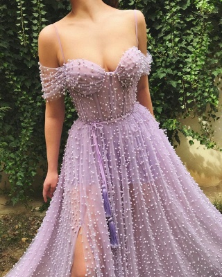 Exquisite Tulle Pearls Off the Shoulder Prom Dress | Sexy Sweetheart Front Slit Long Affordable Prom Dress_2