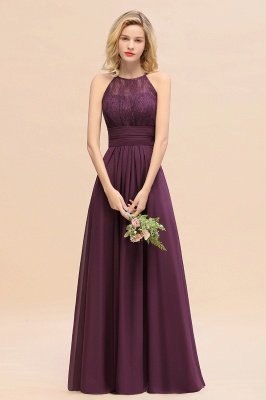Purple Elegant Halter Hollow Lace Aline Maid of Honor Dress Floor Length Chiffon Bridesmaid Dress_55