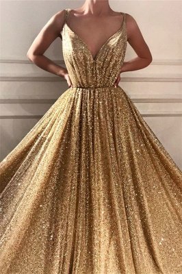 Glamorous Lantejoulas Spaghetti Straps Long Prom Dress | Vestido de baile de ouro sem mangas faísca v pescoço_2