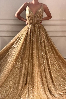 Glamorous Lantejoulas Spaghetti Straps Long Prom Dress | Vestido de baile de ouro sem mangas faísca v pescoço_1