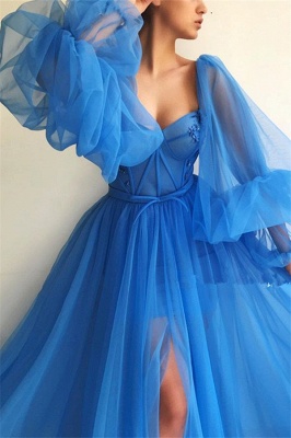 Сексуальное платье для выпускного с длинными рукавами и прозрачным лифом | Синее длинное выпускное платье с разрезом спереди_3