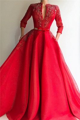 Brilhantes lantejoulas tule v pescoço vermelho vestido de baile | Charming Jewel 3/4 mangas apliques vestido de baile longo_1
