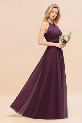 Purple Elegant Halter Hollow Lace Aline Maid of Honor Dress Floor Length Chiffon Bridesmaid Dress_56
